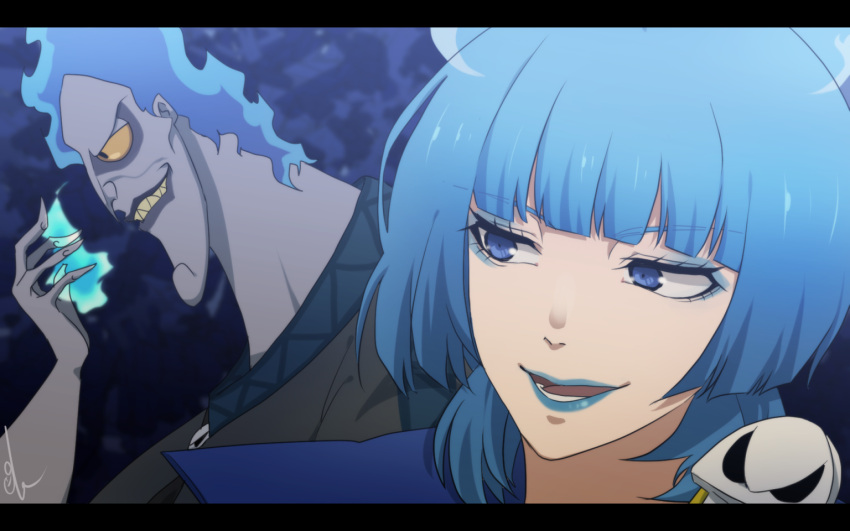 1girl, blue_eyes, blue_fire, blue_hair, blue_lips, colored_skin, disneyland, dress