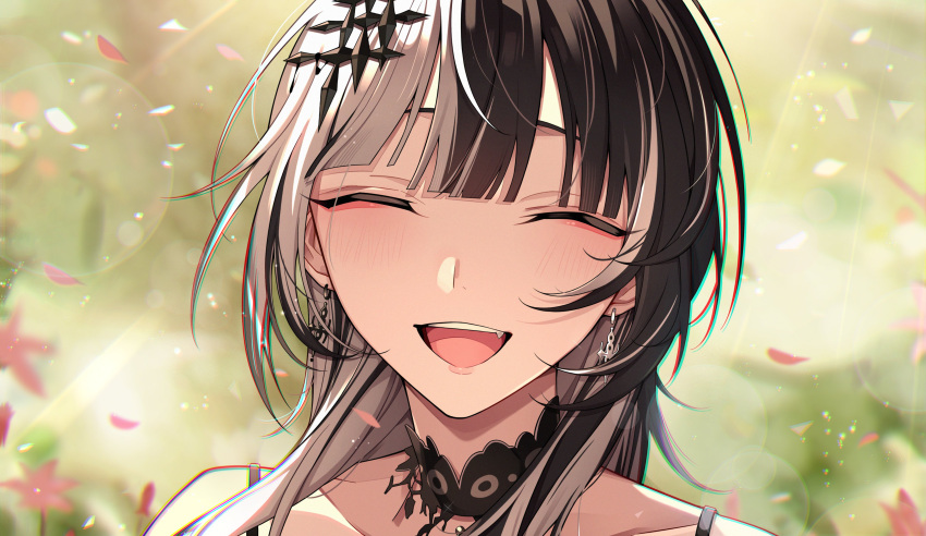 1girl, absurdres, black_choker, black_hair, choker, closed_eyes, day, earrings
