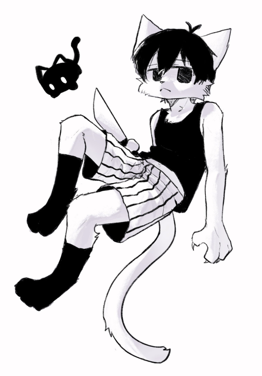 1boy, :<, animal_ears, antenna_hair, black_eyes, black_hair, black_socks, black_tank_top