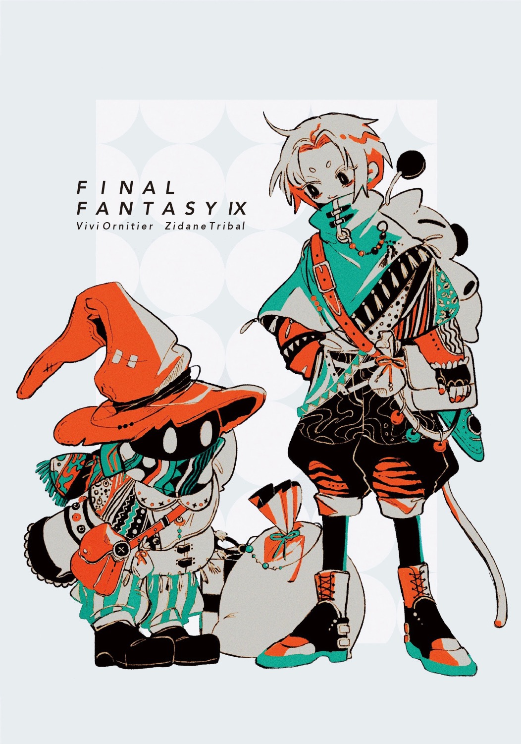 2boys, bag, black_gloves, black_mage_(final_fantasy), boots, character_name, cloak, copyright_name
