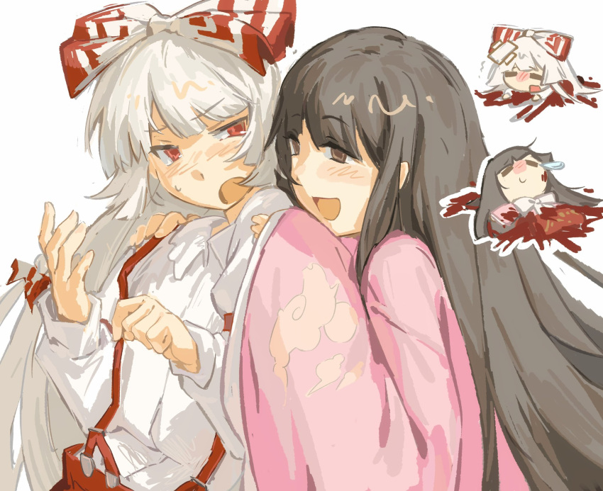 2girls, bandaid, bandaid_on_head, black_hair, blood, blush, bow, brown_eyes
