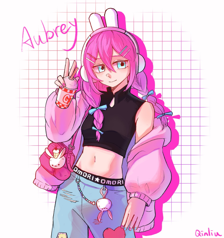 1girl, alternate_hairstyle, animal_ear_headphones, animal_ears, aubrey_(birthday)_(omori), aubrey_(faraway)_(omori), aubrey_(omori), blue_eyes