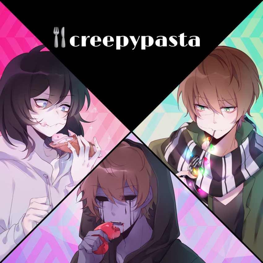 3boys, 779762391_(lofter), aegyo_sal, ahoge, androgynous, black_blood, black_hair, black_hoodie