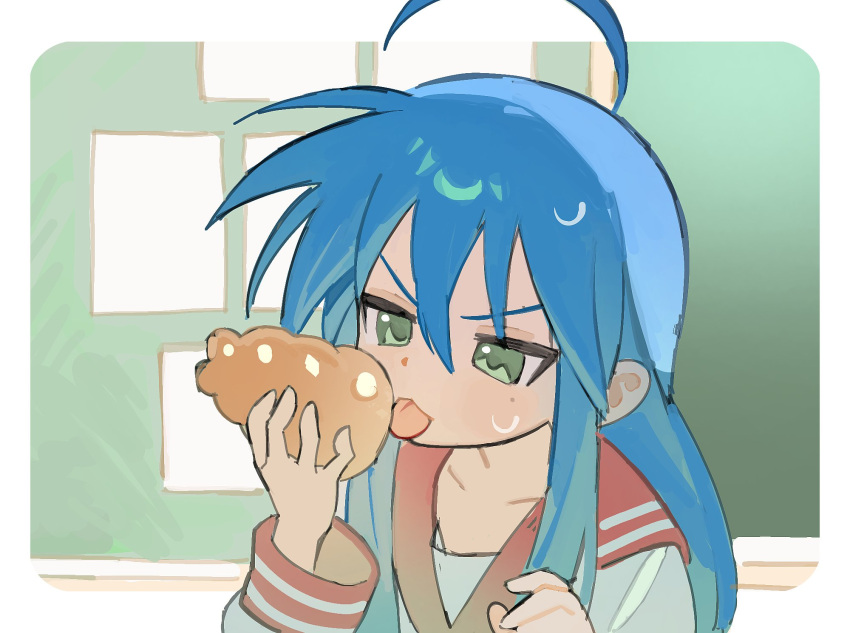 1girl, blue_hair, chalkboard, chocolate_cornet, commentary, english_commentary, food, green_eyes, highres, holding, holding_food, izumi_konata, jin_(jin_sen0956), jitome, licking, long_hair, long_sleeves, lucky_star, mole, mole_under_eye, school_uniform, serafuku, solo, sweat, tongue, tongue_out, upper_body, v-shaped_eyebrows