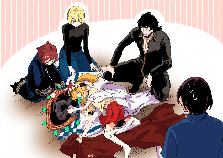 2boys, 3girls, black_hair, black_pants, black_shirt, blonde_hair, blue_eyes, blue_pants