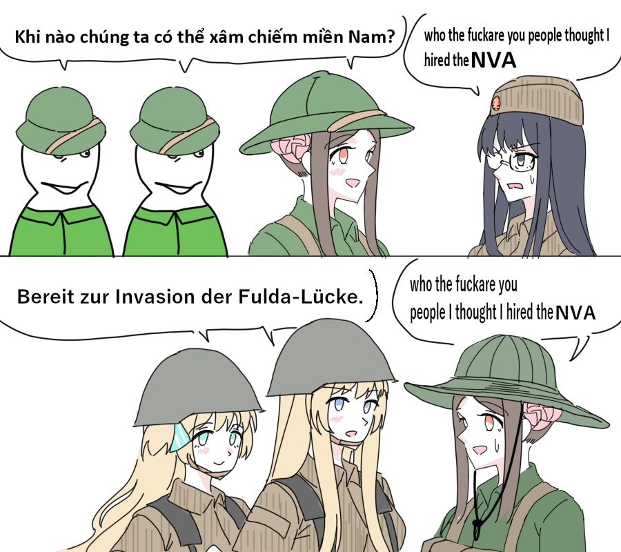 2boys, 4girls, blonde_hair, brown_hair, camouflage, combat_helmet, english_text, garrison_cap