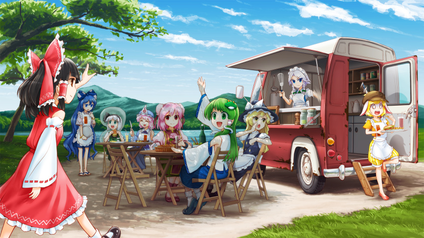 6+girls, basket, black_hair, black_hat, blonde_hair, blue_hair, blue_hat, blue_sky