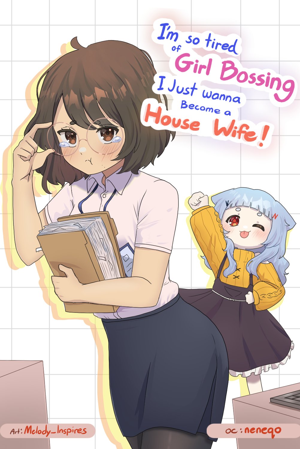 2girls, :t, artist_name, black_pantyhose, black_skirt, blue_hair, borrowed_character, brown_eyes