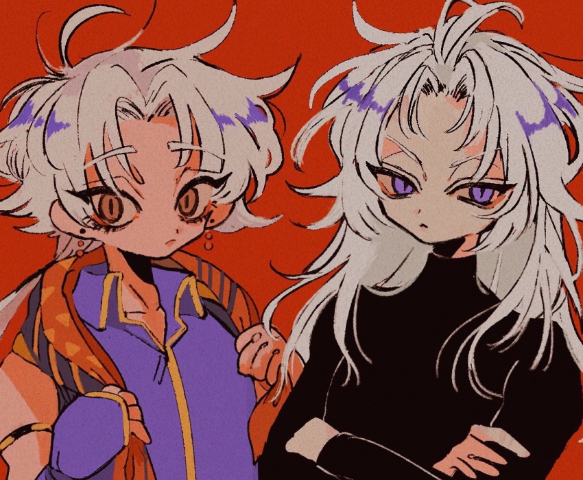 2boys, armlet, beads, black_shirt, brown_eyes, cecil_harvey, collared_vest, crossed_arms