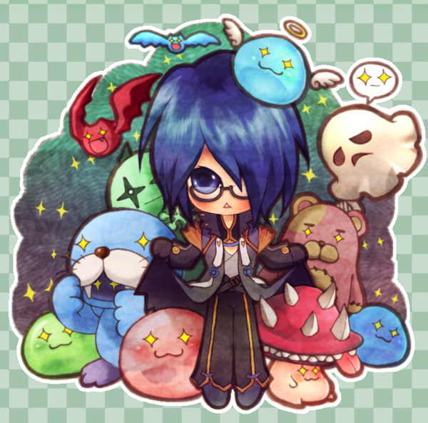 +_+, 1boy, archangeling, bat_(animal), black-framed_eyewear, black_gloves, black_pants, black_shoes