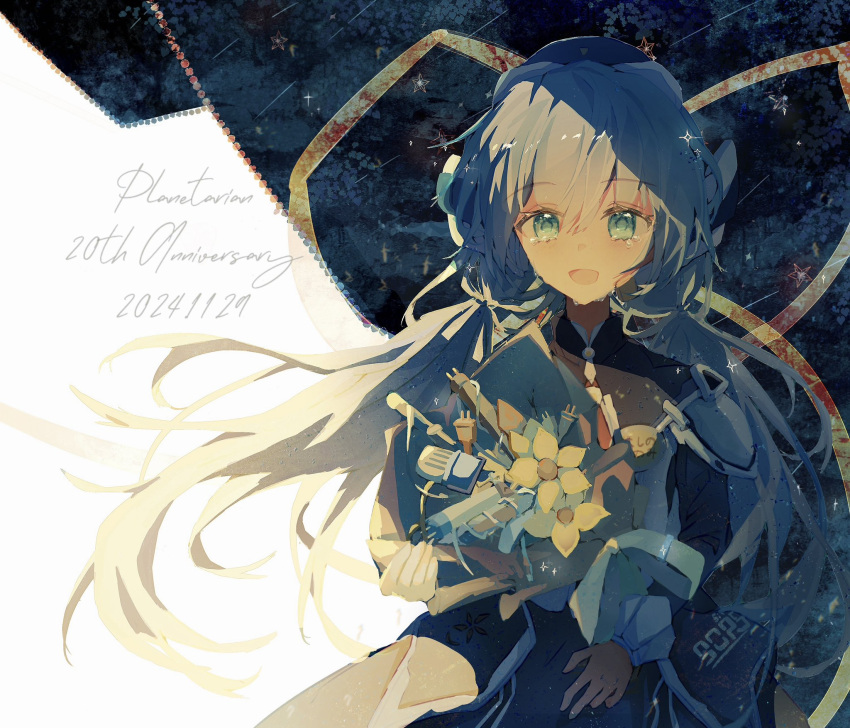 1girl, :d, anniversary, aqua_eyes, blue_hair, bouquet, commentary_request, copyright_name, crying, crying_with_eyes_open, dated, floating_hair, hair_between_eyes, hat, highres, holding, holding_bouquet, hoshino_yumemi, looking_at_viewer, low_twintails, necktie, planetarian, red_necktie, smile, solo, sprb0626, tears, twintails