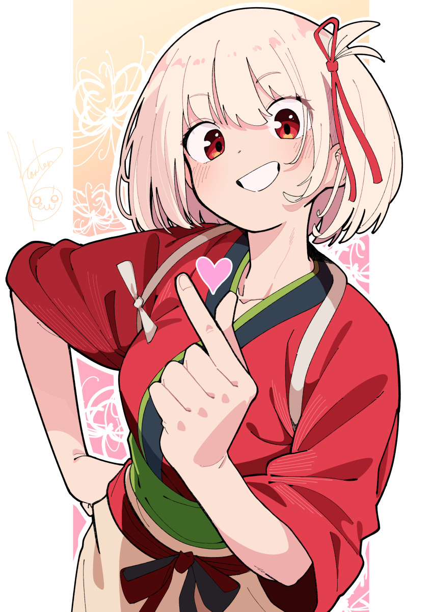 1girl, absurdres, apron, blonde_hair, breasts, finger_heart, grin, hair_ribbon