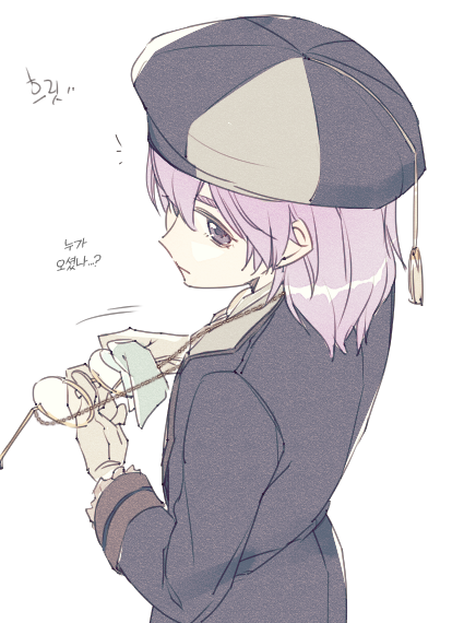 1girl, eyewear_strap, glasses, hat, looking_at_viewer, mabinogi, melwyn, no_eyewear, notice_lines, purple_hair, rian_(bdl), round_eyewear, violet_eyes