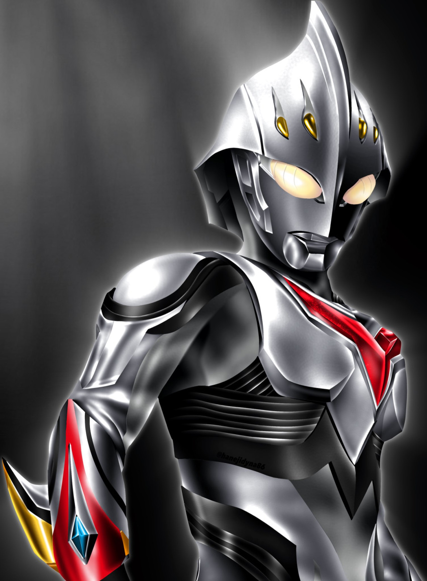 1boy, alien, arm_guards, armor, black_skin, breastplate, color_timer, colored_skin