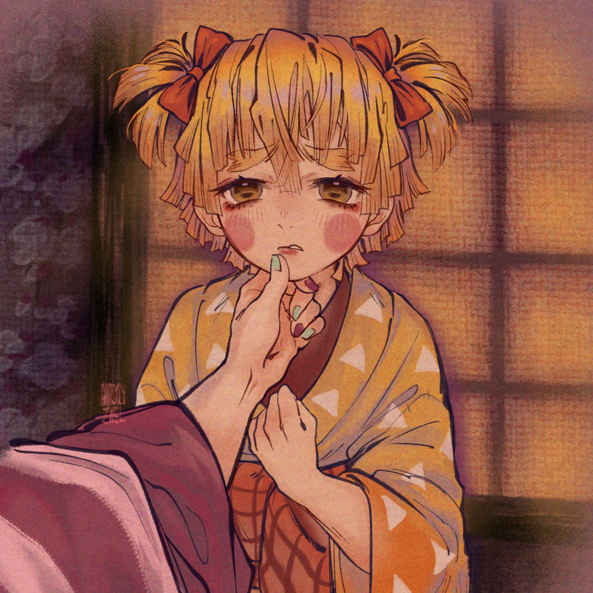 2boys, agatsuma_zenitsu, blonde_hair, blush, blush_(makeup), crossdressing, gh0sttnacht, hair_ribbon