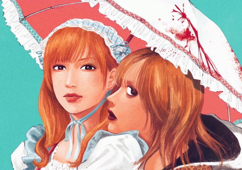 2girls, bags_under_eyes, black_eyes, blood, blood_splatter, blue_background, check_copyright, closed_mouth