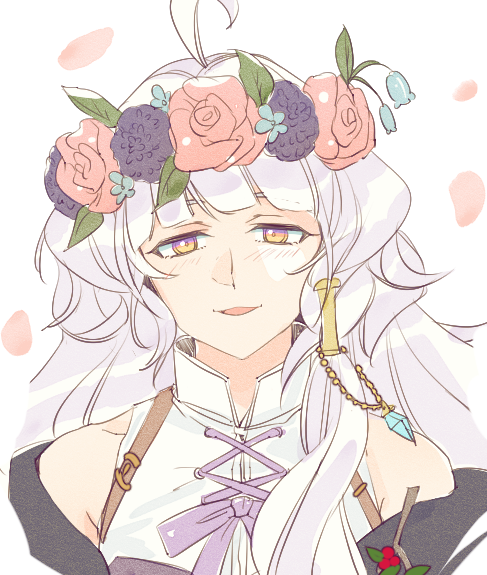 1girl, ahoge, bare_shoulders, grey_hair, head_wreath, mabinogi, multicolored_eyes, purple_ribbon