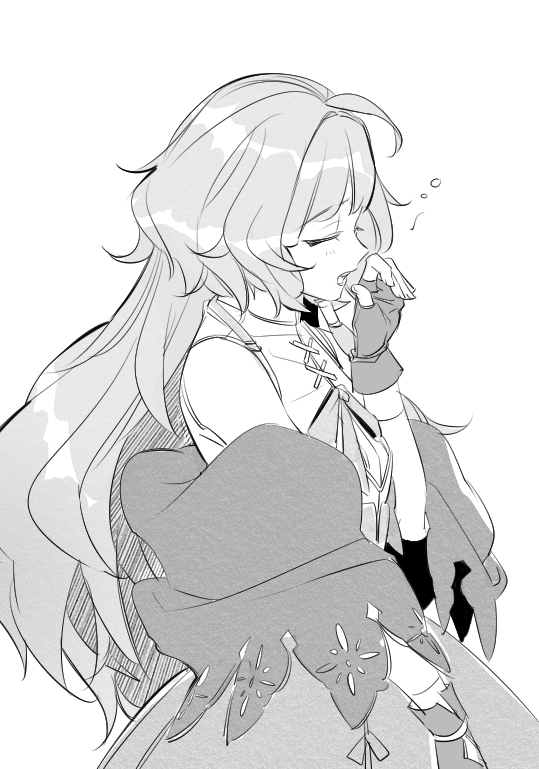 1girl, ahoge, bare_shoulders, fingerless_gloves, gloves, long_hair, mabinogi, monochrome