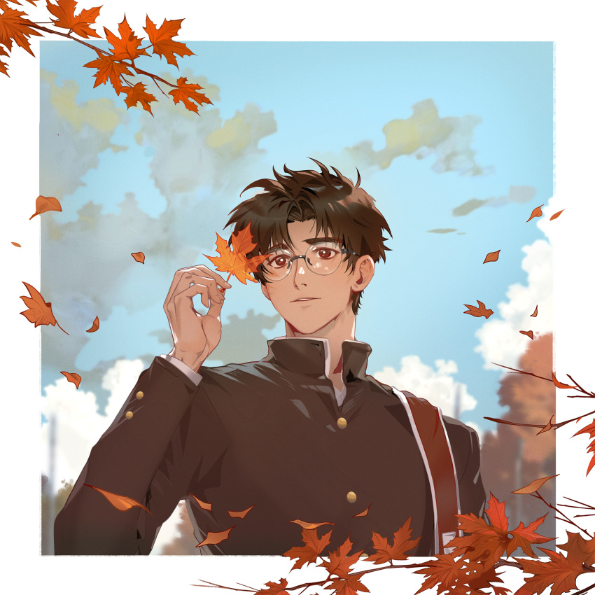 1boy, autumn_leaves, bandal, blue_sky, border, brown_eyes, clouds, gakuran