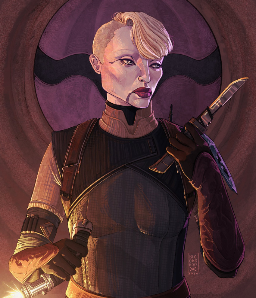 1girl, alternate_costume, asajj_ventress, asymmetrical_hair, blonde_hair, bloodbroox, brown_gloves, dual_wielding