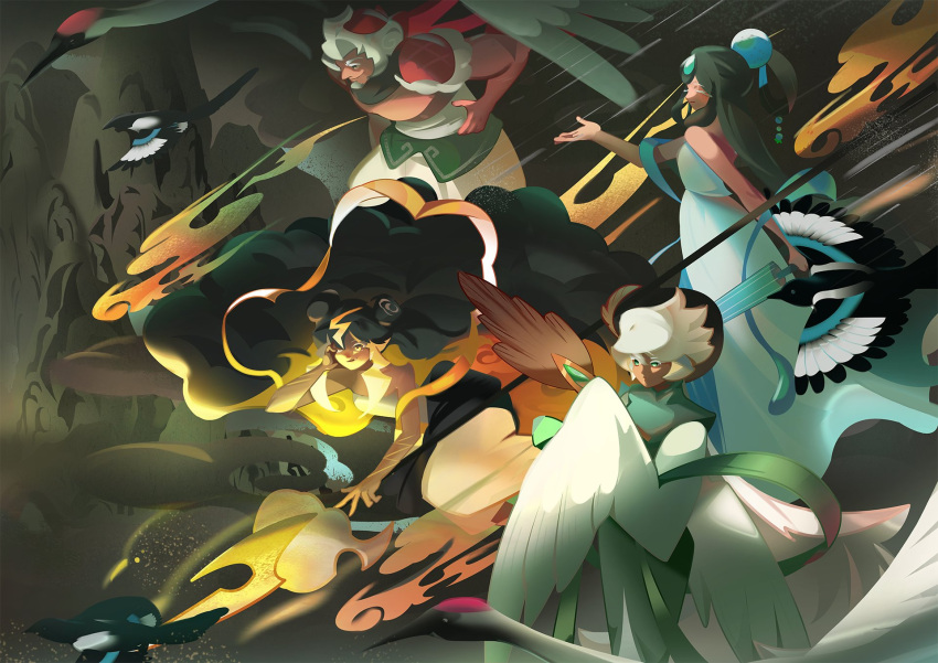 1boy, 3girls, bandal, bird, black_hair, blue_dress, cloud_deity_cookie, cloud_hair