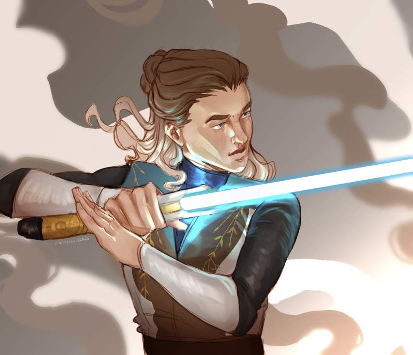 1boy, blue_eyes, blue_lightsaber, brown_hair, energy_sword, highres, holding, holding_sword, holding_weapon, lightsaber, long_hair, looking_to_the_side, nataliab_draws, solo, star_wars, sword, upper_body, weapon