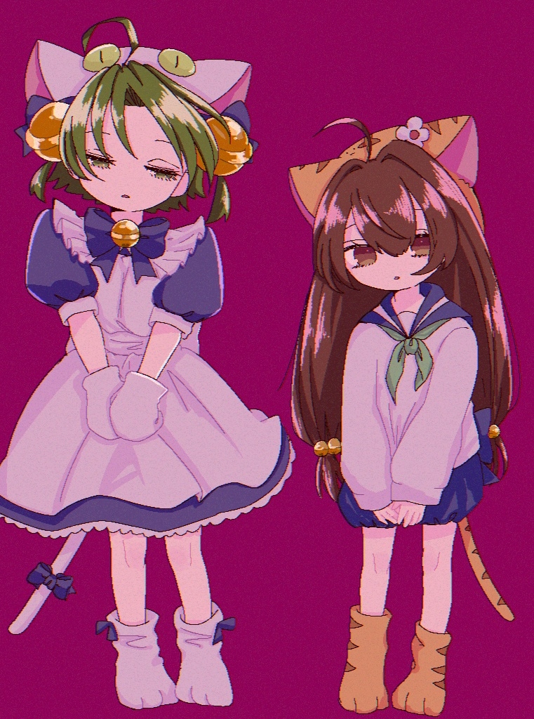 2girls, ahoge, animal_hat, brown_eyes, brown_hair, cat_hat, cat_tail, dejiko