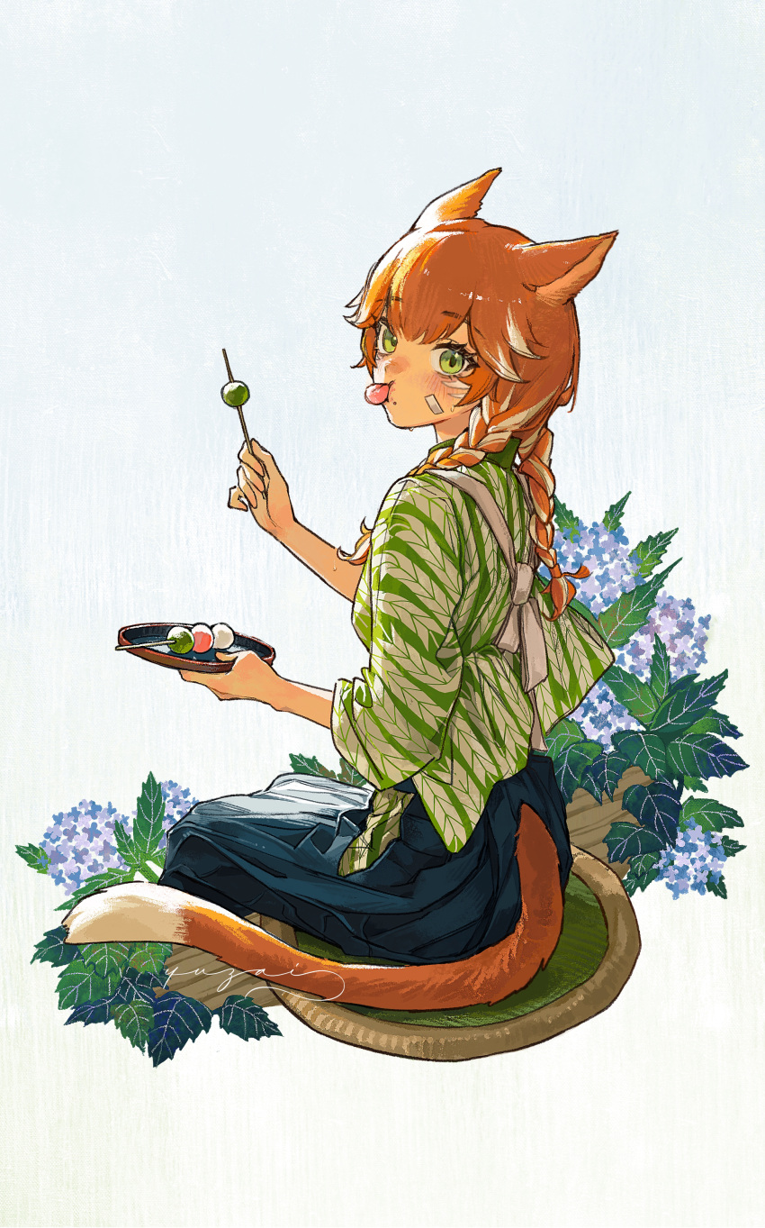 1girl, absurdres, animal_ears, blue_hakama, blush, braid, cat_ears, cat_tail