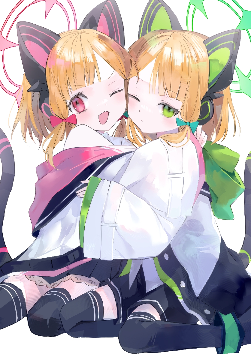 2girls, ;d, animal_ear_headphones, animal_ears, black_boots, black_shorts, black_skirt, black_tail, black_thighhighs, blonde_hair, blue_archive, blunt_bangs, blush, boots, bow, buttons, cat_ear_headphones, cat_ears, cat_tail, chinese_commentary, closed_mouth, commentary, croma_mhach, dot_nose, fake_animal_ears, fake_tail, frilled_skirt, frills, green_bow, green_eyes, green_halo, green_hood, green_jacket, hair_bow, halo, headphones, hood, hood_down, hooded_jacket, hug, jacket, long_sleeves, looking_at_viewer, low-tied_sidelocks, medium_hair, midori_(blue_archive), miniskirt, momoi_(blue_archive), multicolored_jacket, multiple_girls, off_shoulder, one_eye_closed, open_mouth, parted_bangs, pink_halo, pink_jacket, pleated_skirt, red_bow, red_eyes, shirt, short_shorts, shorts, siblings, sidelocks, simple_background, sisters, sitting, skirt, sleeves_past_wrists, smile, tail, tail_raised, thigh-highs, twins, unbuttoned, untucked_shirt, v-shaped_eyebrows, white_background, white_jacket, white_shirt, wide_sleeves, yokozuwari