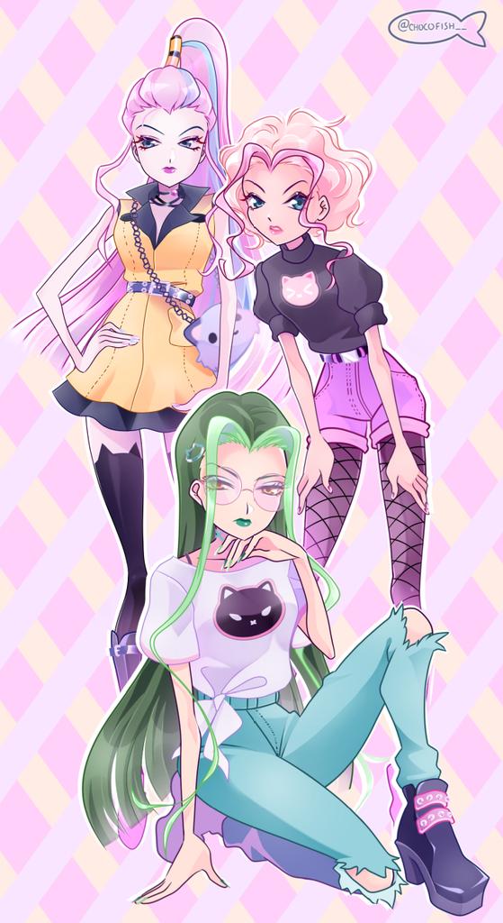 3girls, animal_bag, animal_ear_legwear, animal_print, annoyed, argyle_background, bad_id, bad_twitter_id, bag, bare_arms, bare_shoulders, belt, belt_buckle, black_belt, black_boots, black_choker, black_shirt, black_thighhighs, blue_eyes, blue_hair, blue_pants, blunt_ends, boots, brown_eyes, buckle, cat_print, chocofish, choker, clenched_teeth, closed_mouth, collared_dress, commentary, darcy_(winx_club), denim, denim_shorts, dress, english_commentary, expressionless, eyelashes, eyeshadow, fashion, fishnet_pantyhose, fishnets, forehead, full_body, gradient_boots, green_hair, green_lips, grey_bag, grey_pantyhose, hair_ornament, hair_tubes, hairclip, hand_on_own_chin, hand_on_own_hip, hands_on_own_thighs, high-waist_pants, high-waist_shorts, high_heel_boots, high_heels, high_ponytail, icy_(winx_club), jeans, knee_boots, knees, leaning_forward, lipstick, long_hair, looking_at_viewer, looking_to_the_side, makeup, messy_hair, multicolored_boots, multicolored_hair, multiple_girls, official_alternate_hair_color, outline, pale_skin, pants, pantyhose, pink-tinted_eyewear, pink_background, pink_boots, pink_eyeshadow, pink_hair, pink_lips, pink_shorts, pocket, ponytail, puffy_short_sleeves, puffy_sleeves, purple_belt, purple_boots, round_eyewear, shirt, shoes, short_dress, short_hair, short_sleeves, shorts, shoulder_bag, single_hair_tube, standing, stormy_(winx_club), straight_hair, streaked_hair, studded_belt, sunglasses, teeth, thigh-highs, tinted_eyewear, torn_clothes, torn_jeans, torn_pants, trix_(winx_club), turtleneck, turtleneck_shirt, twitter_username, two-tone_background, two-tone_boots, two-tone_hair, v-shaped_eyebrows, very_long_hair, watermark, white_outline, white_shirt, winx_club, yellow_background, yellow_dress