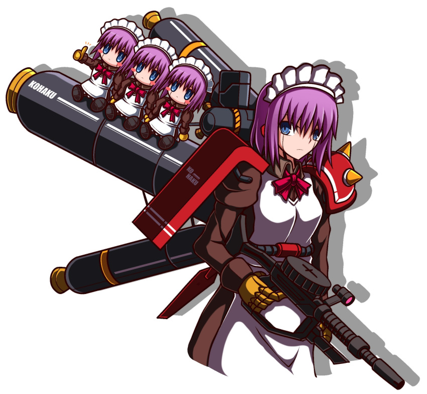 1girl, alternate_costume, apron, bazooka_(gundam), blue_eyes, character_name, cosplay, gundam