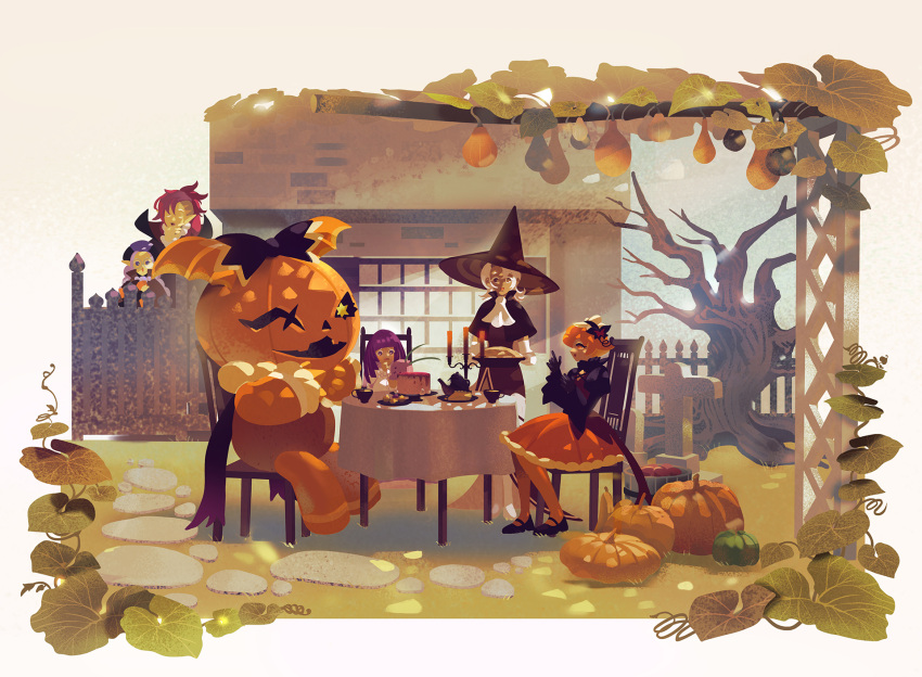 1boy, 4girls, alchemist_cookie, bandal, bare_tree, black_dress, black_shoes, cake