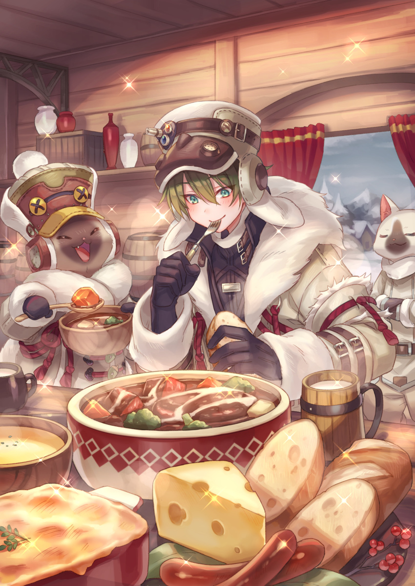 1boy, absurdres, black_gloves, blue_eyes, blush, bowl, bread, brown_coat