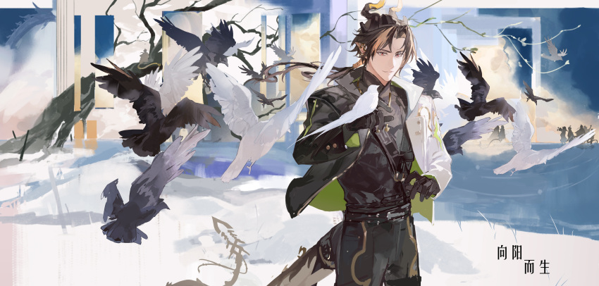 1boy, absurdres, animal, arknights, bird, bird_on_hand, black_jacket, brown_hair, chinese_commentary, chongyue_(alighting)_(arknights), chongyue_(arknights), commentary_request, cowboy_shot, dragon_boy, dragon_horns, dragon_tail, earrings, floating_hair, gloves, highres, horns, jacket, jewelry, long_hair, looking_at_animal, low_ponytail, male_focus, multicolored_hair, pointy_ears, ponytail, red_eyes, somnolence_(hranxy), standing, streaked_hair, tail, translation_request, white_jacket