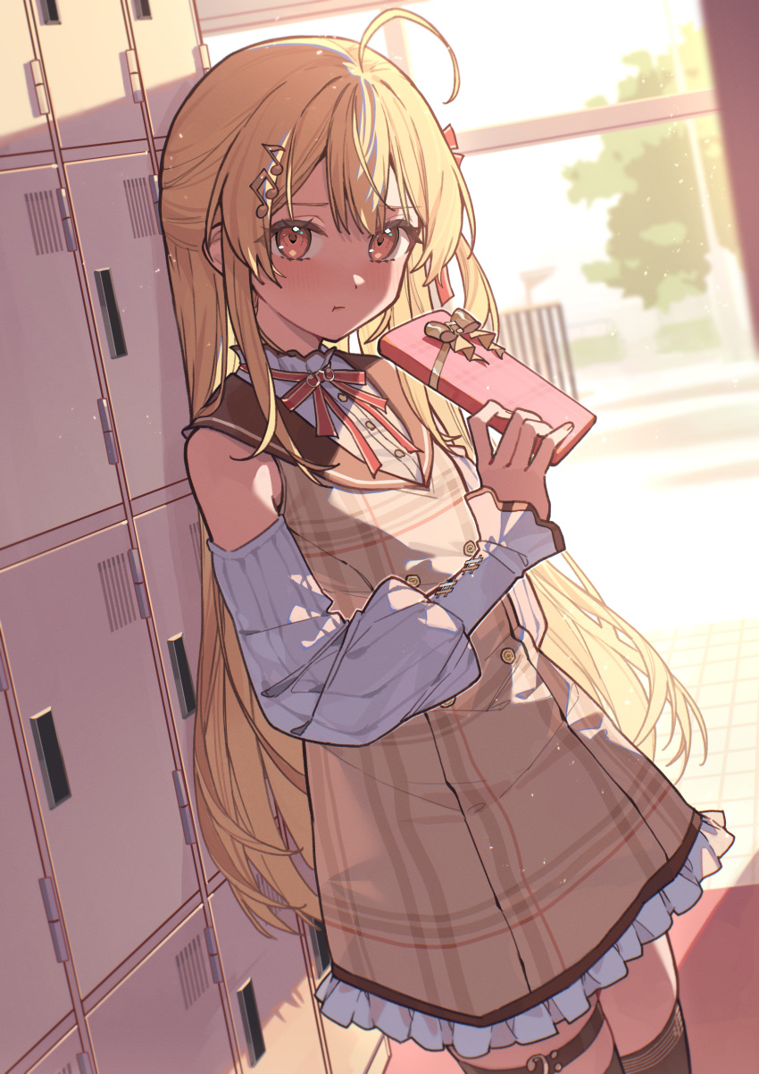 1girl, :t, absurdres, ahoge, blonde_hair, blush, box, brown_dress