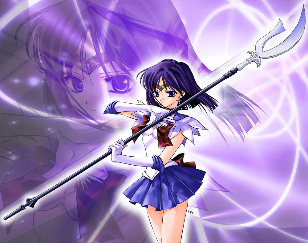bishoujo_senshi_sailor_moon, black_hair, bob_cut, bow, earrings, elbow_gloves, frown, glaive, gloves, ito, jewelry, magical_girl, pleated_skirt, polearm, purple_eyes, ribbon, sailor_collar, sailor_saturn, serious, short_hair, silence_glaive, skirt, solo, tiara, tomoe_hotaru, violet_eyes, weapon, white_gloves, zoom_layer