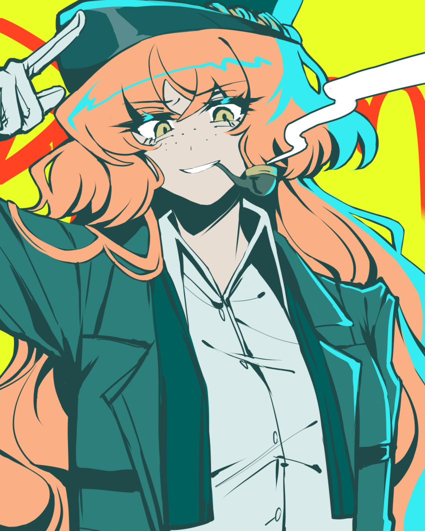 1girl, absurdres, collared_shirt, gloves, green_hat, green_jacket, hat, highres