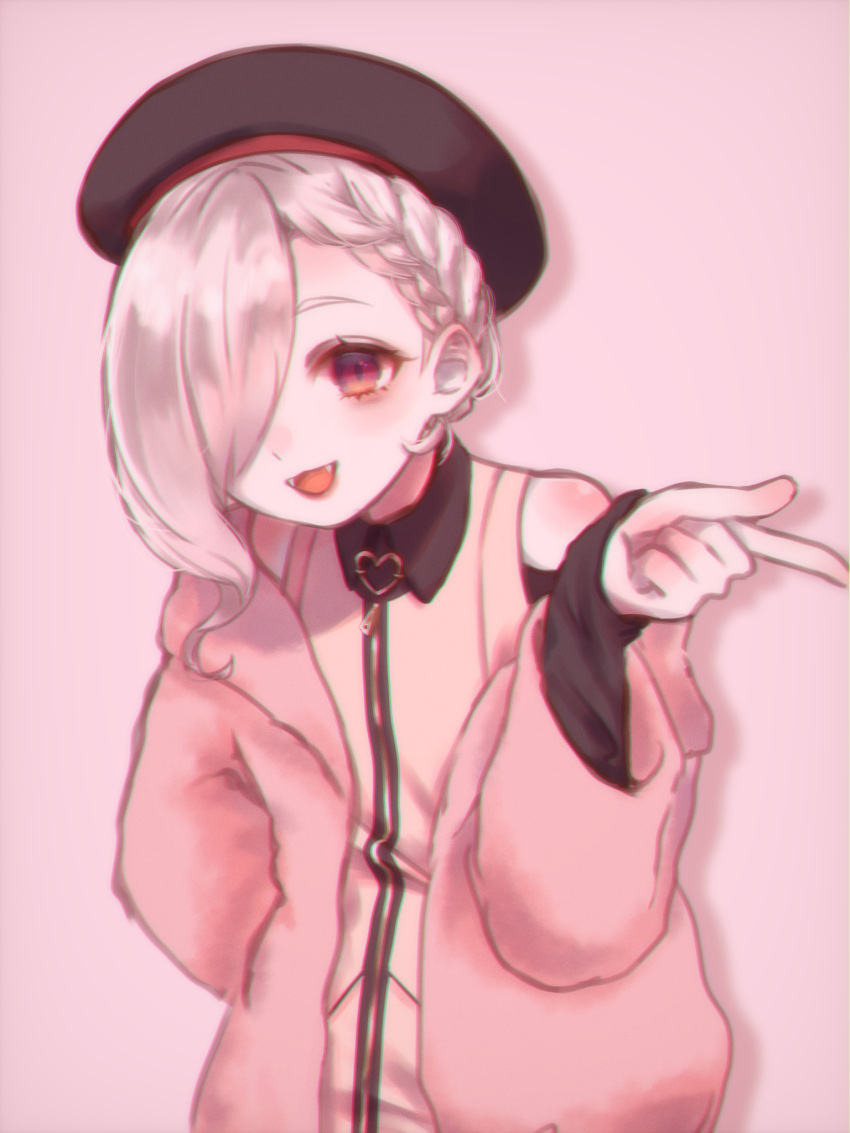 1girl, beret, black_hat, blonde_hair, braid, fangs, hair_over_one_eye, hat