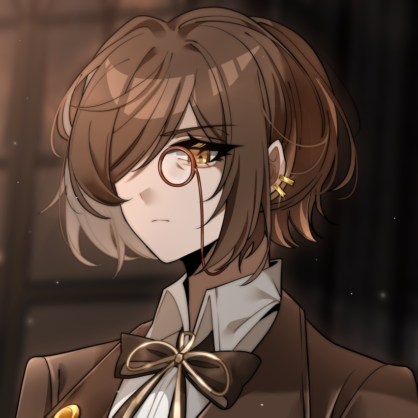 1girl, absurdres, bow, bowtie, brown_background, brown_bow, brown_bowtie, brown_hair