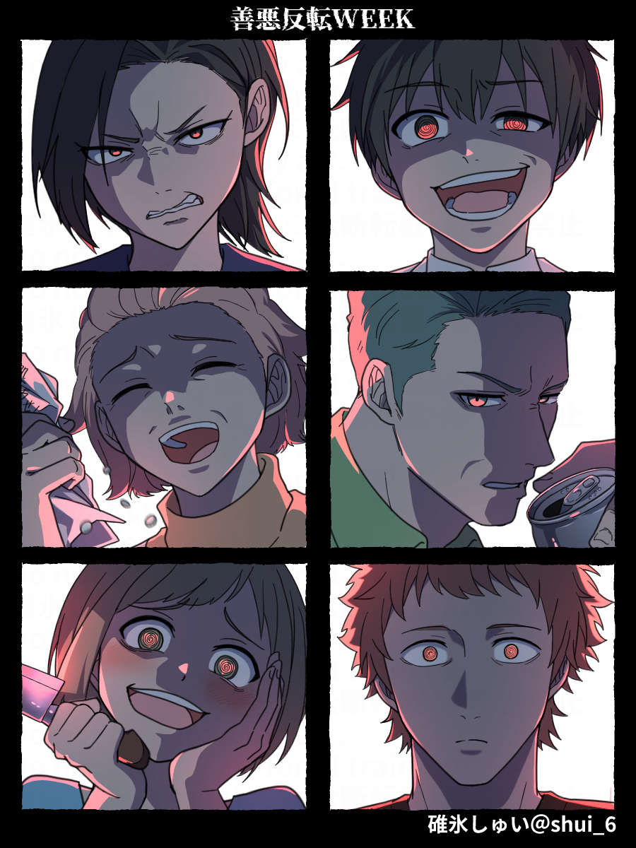 3boys, 3girls, :d, @_@, aged_up, artist_name, black_hair, blush, brown_hair, can, clenched_teeth, closed_eyes, drink, etra-chan_wa_mita!, evil_smile, forehead, green_eyes, green_hair, green_shirt, highres, holding, holding_can, holding_drink, holding_knife, karin_(etra-chan_wa_mita!), katsura_(etra-chan_wa_mita!), knife, kuroki_(etra-chan_wa_mita!), multiple_boys, multiple_girls, open_mouth, orange_sweater, pink_hair, red_eyes, shirt, short_hair, shui_6, smile, sweater, teeth, tokusa_(etra-chan_wa_mita!), tongue, translation_request, tsutsuji_(etra-chan_wa_mita!), turtleneck, turtleneck_sweater, watermark, yuri_(etra-chan_wa_mita!)