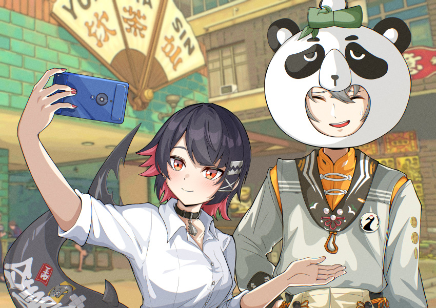 1boy, 1girl, absurdres, akira_ruyu, arm_at_side, arm_up, black_choker, blush, buttons, cellphone, choker, closed_eyes, closed_mouth, collared_shirt, crossed_bangs, day, earclip, earrings, ellen_joe, ellen_joe_(on_campus), fingernails, fins, fish_tail, game_screenshot_background, grey_hair, hair_between_eyes, hair_ornament, hairclip, hand_on_own_hip, hand_up, highres, holding, holding_phone, jewelry, looking_at_object, looking_at_phone, mole, mole_under_eye, multicolored_hair, multiple_moles, nail_polish, official_alternate_costume, open_mouth, outdoors, phone, red_eyes, red_nails, scar, scar_on_tail, screenshot_background, selfie, shark_tail, shirt, short_hair, smartphone, smile, tail, taking_picture, two-tone_hair, upper_body, wing_collar, wise_(soaring_crane)_(zenless_zone_zero), wise_(zenless_zone_zero), zenless_zone_zero