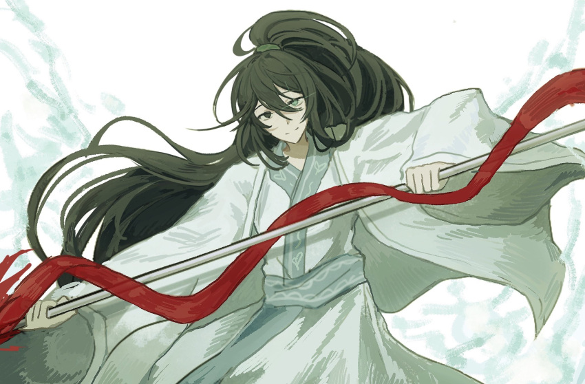 black_eyes, black_hair, blue_eyes, chinese_clothes, hanfu, heterochromia, high_ponytail, highres, holding, holding_weapon, hong_lu_(project_moon), limbus_company, llllao216913, long_hair, long_sleeves, looking_at_viewer, male_focus, official_alternate_costume, ponytail, project_moon, red_ribbon, ribbon, simple_background, solo, standing, upper_body, very_long_hair, weapon, white_background, white_hanfu
