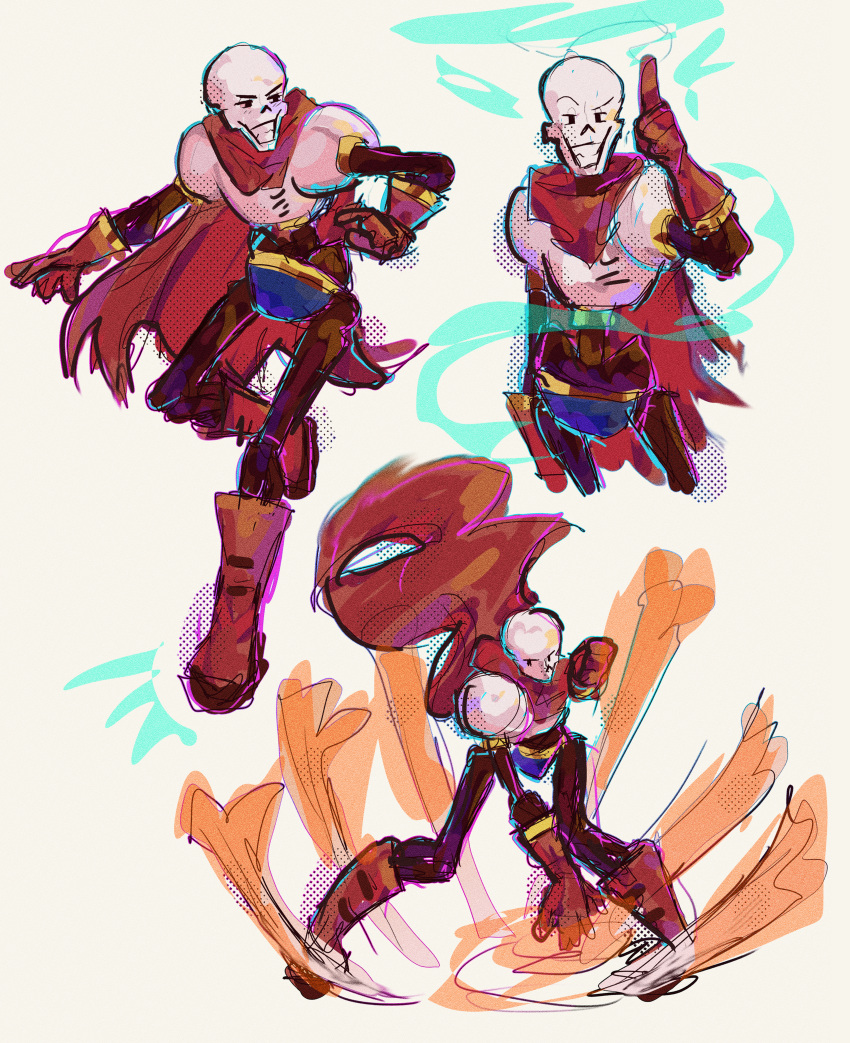 1boy, 2025, 2d, absurdres, amorthlen, armor, blue_shorts, bone, boots, cape, digital_media, extremely_large_filesize, fighting_stance, full_body, gloves, highres, huge_filesize, humanoid, large_filesize, magic, male, male_focus, male_only, monster, monster_boy, multiple_views, papyrus_(undertale), red_boots, red_cape, red_gloves, red_scarf, scarf, shorts, simple_background, skeleton, sketch, solo, teeth, undead, undertale, utdr_(toby_fox), white_armor, white_background