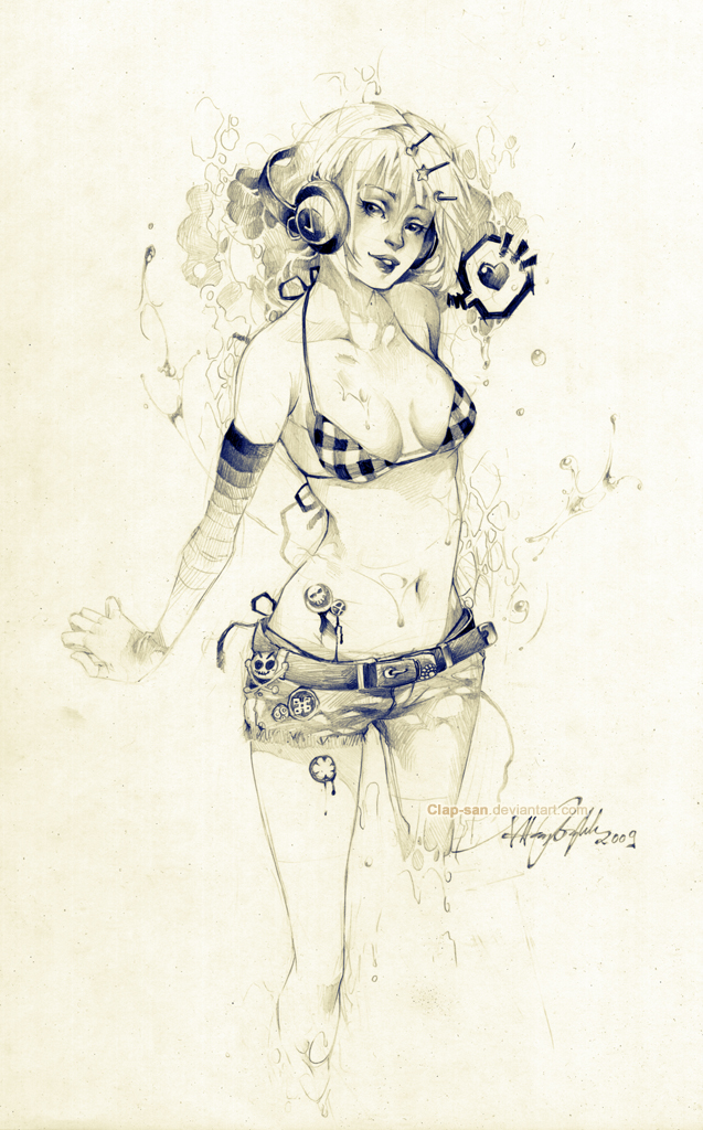 asymmetrical_clothing, belt, bikini_top, bleeding, blood, copyright_request, face, graphite_(medium)