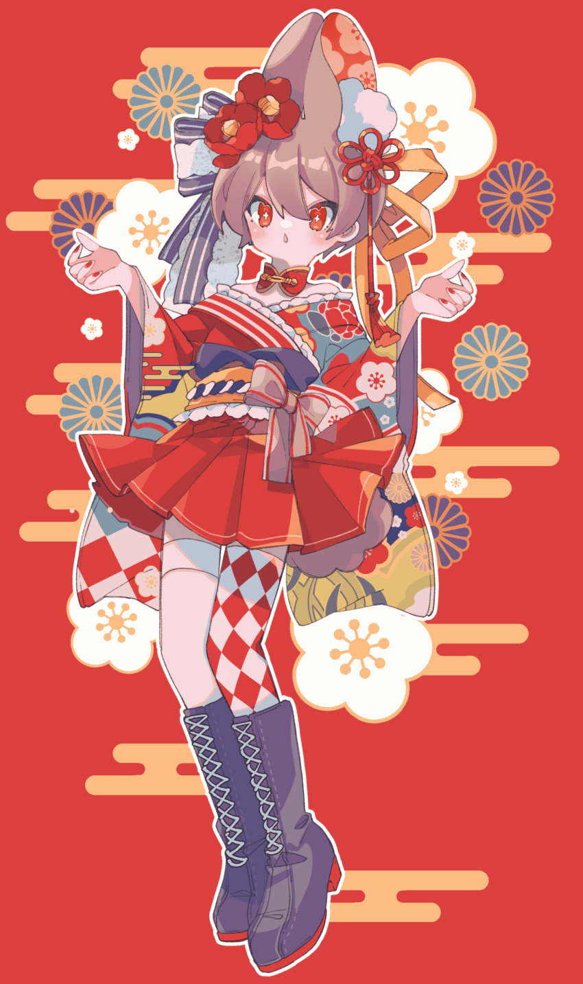 1boy, absurdres, animal_ears, argyle_clothes, argyle_thighhighs, asymmetrical_legwear, black_boots, boots