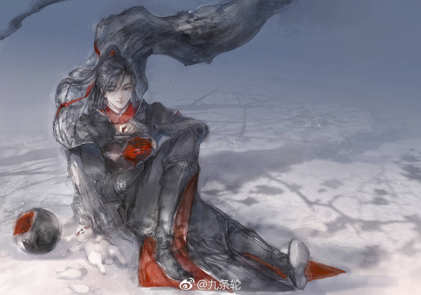 1boy, against_tree, animal, black_boots, black_hair, black_hanfu, boots, chinese_clothes