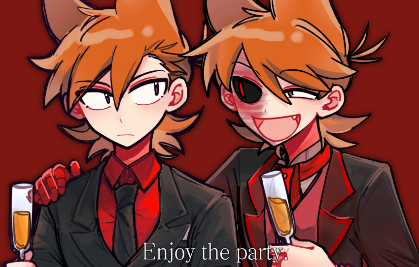 2boys, :d, antenna_hair, black_jacket, black_sclera, brown_eyes, brown_hair, burn_scar