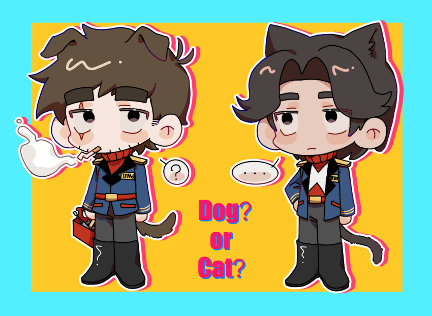..., 2boys, ?, animal_ears, antenna_hair, arm_at_side, arms_at_sides, belt, black_boots, black_eyes, blue_border, blue_jacket, boots, border, brown_hair, brown_tail, cat_boy, cat_ears, cat_tail, chibi, chibi_only, chinese_commentary, cigarette, closed_mouth, commentary_request, curtained_hair, dog_boy, dog_ears, dog_tail, double_horizontal_stripe, eddsworld, expressionless, facial_hair, frown, full_body, grey_pants, hair_behind_ear, hand_on_own_hip, highres, holding, jacket, kafei146, kemonomimi_mode, knee_boots, looking_at_viewer, looking_to_the_side, male_focus, mouth_hold, multiple_boys, no_pupils, open_clothes, open_jacket, orange_background, outline, outside_border, pants, patryck_(eddsworld), paul_(eddsworld), red_belt, red_sweater, scar, scar_across_eye, scar_on_face, screwdriver, short_hair, simple_background, smoke, spoken_ellipsis, spoken_question_mark, standing, sweater, tail, thick_eyebrows, toolbox, turtleneck, turtleneck_sweater, upturned_eyes, white_outline