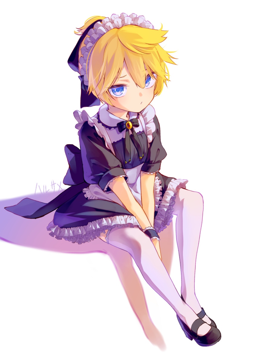 1boy, alternate_costume, apron, back_bow, black_dress, blonde_hair, blue_eyes, bow