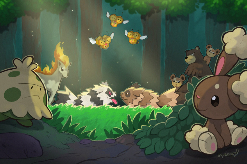 artist_name, black_fur, brown_fur, buneary, day, forest, galarian_zigzagoon, highres